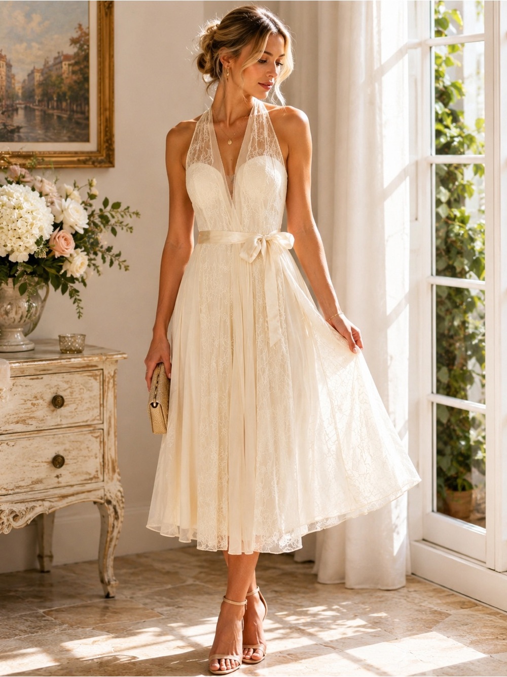 100% Silk Vintage Teri Jon Rickie Freeman Lace Tea Dress Ivory Bridal Size 12